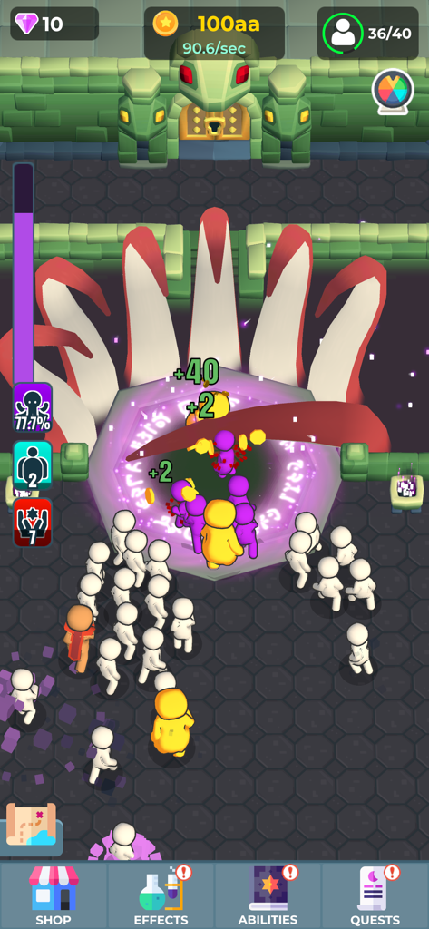 Tentacular Worship - A gameplay screenshot of Tentacular Worship showing white and yellow followers being guided into a purple glowing altar with giant tentacles.
