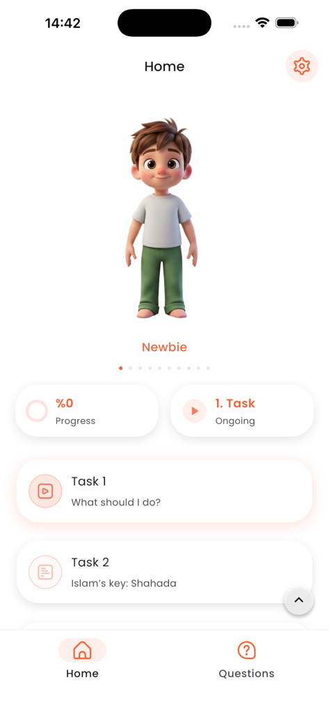 Step Islam - Tela inicial do aplicativo Step Islam mostrando um avatar de personagem 3D com tarefas de aprendizado e acompanhamento de progresso.