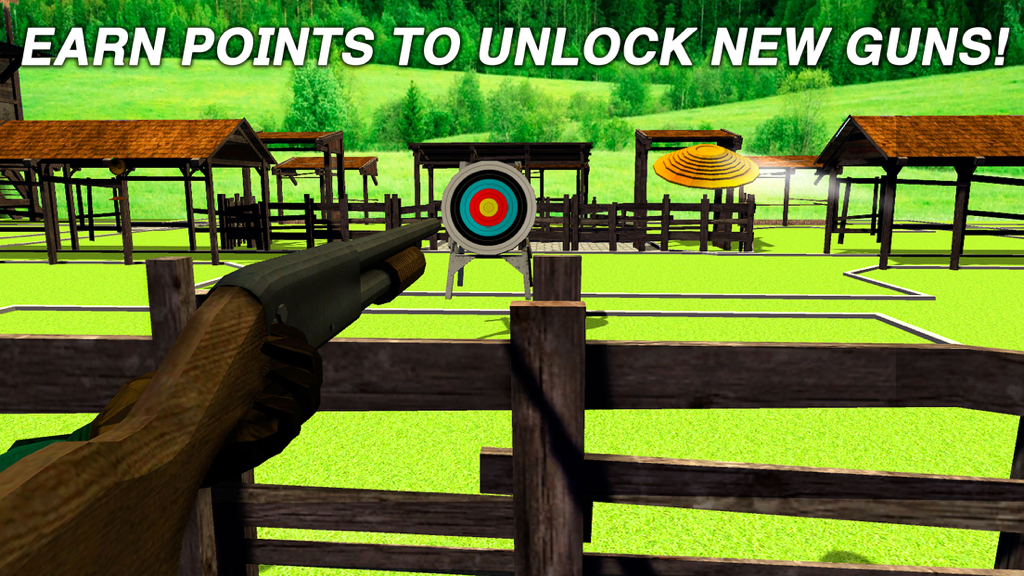 First person view of a shotgun aiming at a clay pigeon in a 3D shooting range