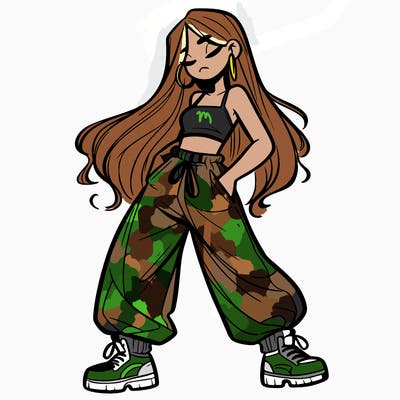 girl in baggy pants crop top and long hair