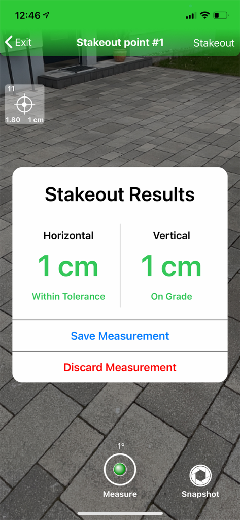 GeoAce app showing centimeter-accurate AR stakeout results for vertical and horizontal measurements