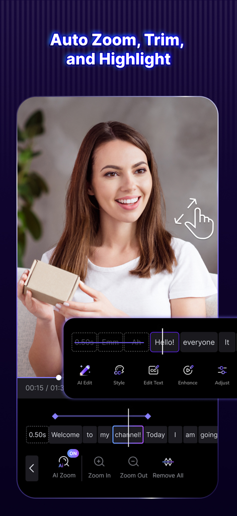 Vozo AI Video Maker | Blink - Smartphone interface showing auto zoom and trim features in the Vozo AI Video Maker app