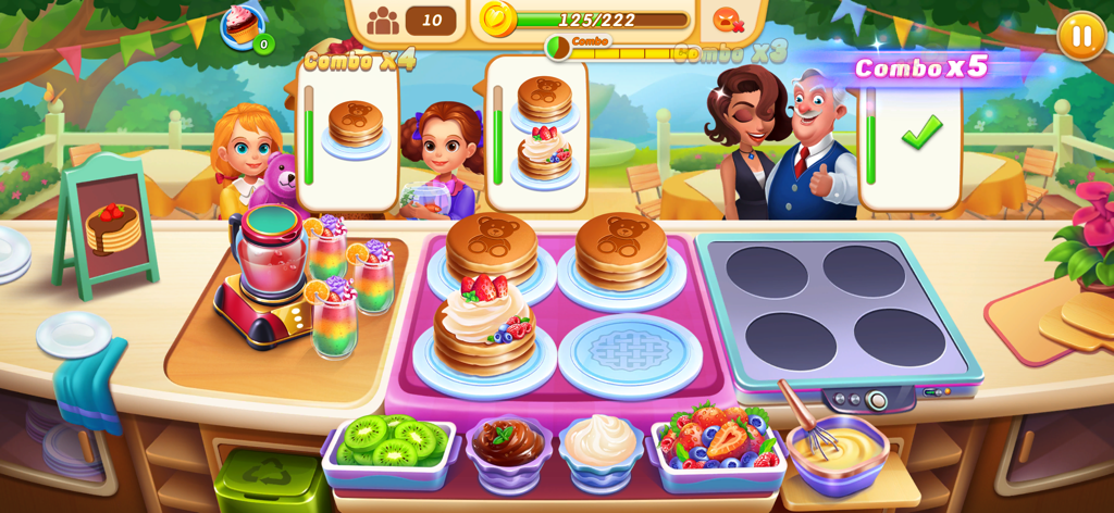 Chef Adventure: Cooking Games - Chef Adventure gameplay showing a chef preparing bear-shaped pancakes and fruit smoothies for customers in a garden cafe setting.