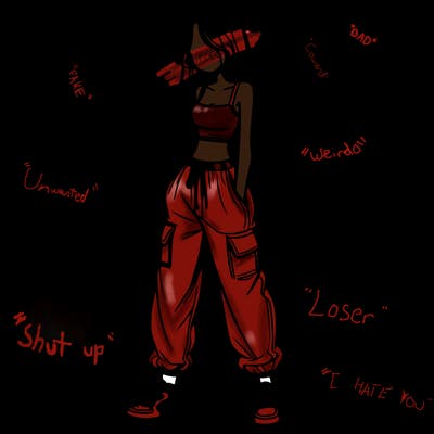 girl in baggy pants crop top and long hair