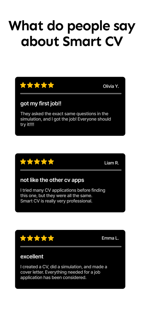 Smart CV: Resume Maker - Five star user reviews for Smart CV app praising the resume maker and interview simulation features.