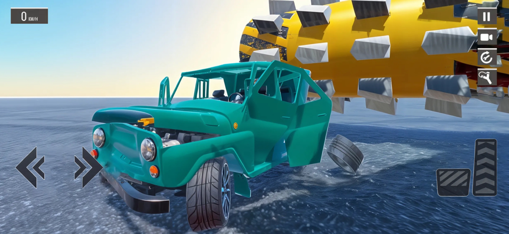 Russian Car Crash Simulator 3D - A green SUV being destroyed by a giant industrial grinder in a physics based simulator