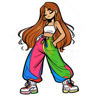 girl in baggy pants crop top and long hair