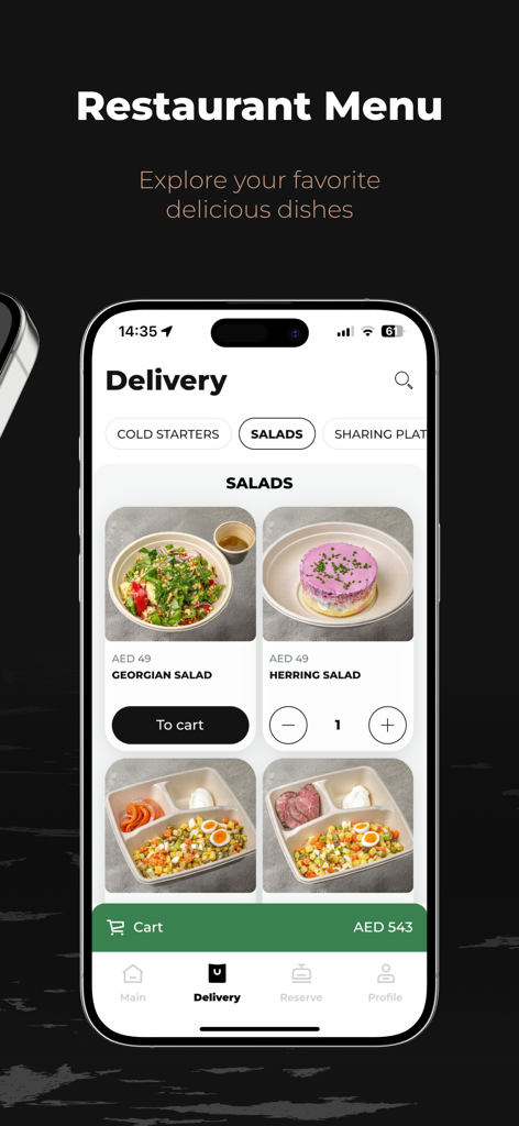 Chalet Berezka Dubai app delivery menu showing salad options like Georgian Salad and Herring Salad with prices in AED.