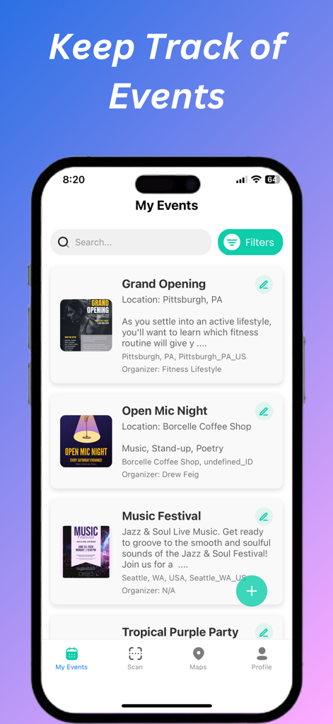 Eine mobile Benutzeroberfläche der Poster-AI-App, die eine Liste gespeicherter Ereignisse wie eine Eröffnungsfeier und ein Musikfestival anzeigt.