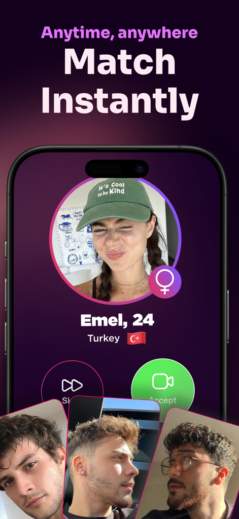 Interfaz de la aplicación Lovi que muestra una función de coincidencia instantánea con el perfil de un usuario y opciones para saltar o aceptar una videollamada
