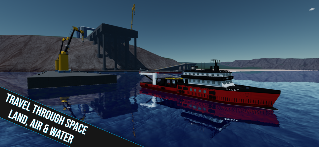 Juno: New Origins - A red and black ship named Sally in a harbor under a blue sky in the Juno New Origins simulation game