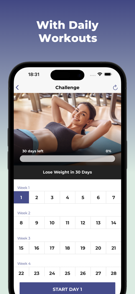 30 Day Weight Loss Challenge - Mobile App-Oberfläche, die einen 30-Tage-Fitness-Challenge-Kalender mit einem Fortschrittstracker und Start-Button anzeigt.