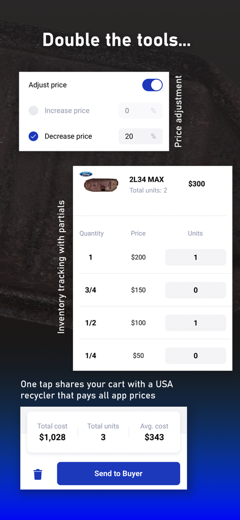 Cat DB – Catalytic Converters - Interface of Cat DB app showing price adjustment settings and inventory tracking for full and partial catalytic converters