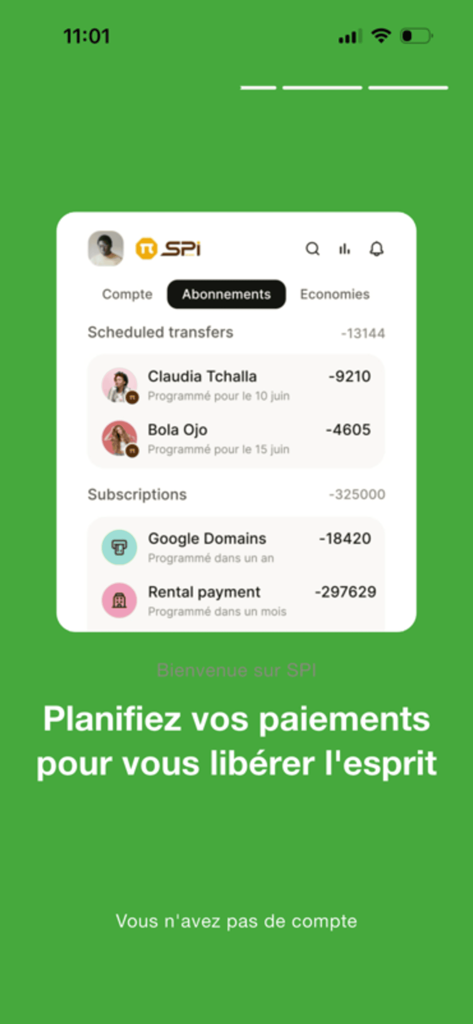 BDM-PI mobile app screen showing scheduled money transfers and subscription payments