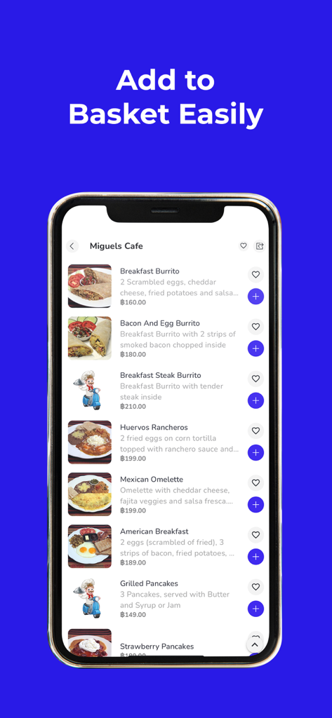 Mealsonwheels4U - Interfaz de la aplicación Mealsonwheels4U que muestra un menú de desayuno del Miguels Cafe con opciones como burritos y omelettes