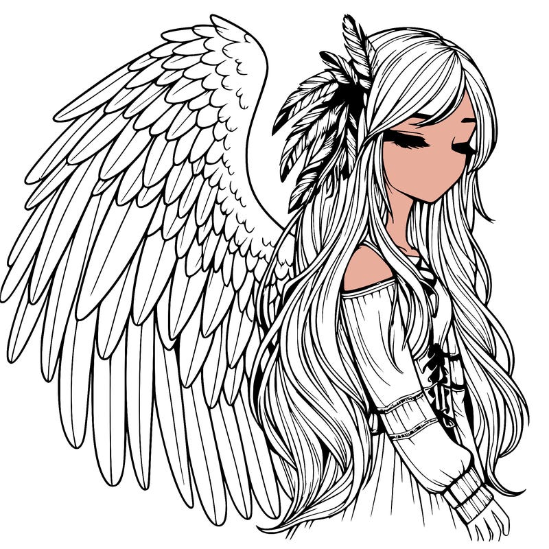 realistic girl with bird wings and some feathers in her hair