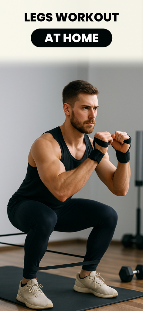 Leg Workouts & Butt Workout - Un hombre realizando una sentadilla con una banda de resistencia durante una sesión de ejercicios de piernas en casa.