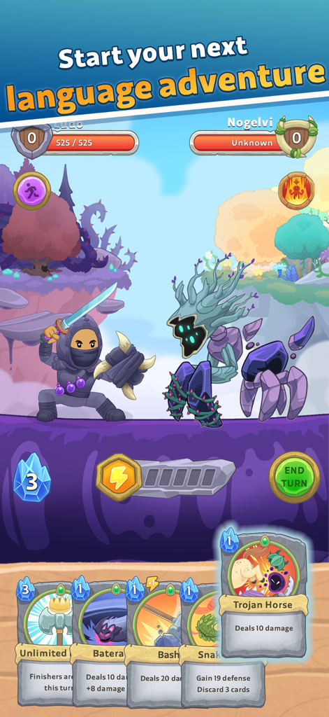 A turn-based RPG battle in Lingo Legend showing a character facing a monster with a hand of ability cards