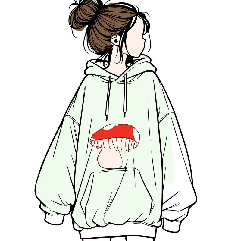 realistic girl with a oversized sweatshirt on and a bun