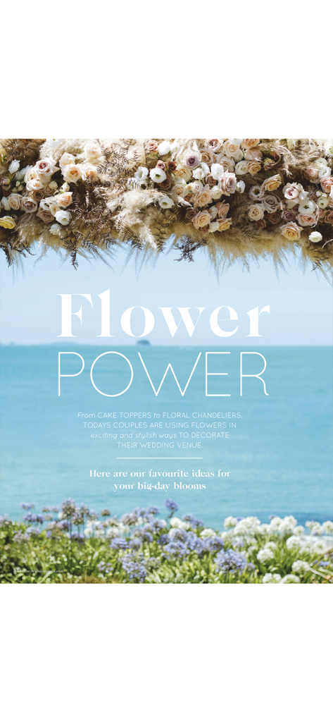 A magazine page titled Flower Power showcasing wedding floral decoration ideas with a beach and ocean backdrop.