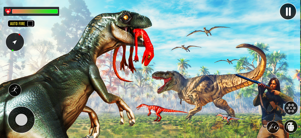 Un cazador apunta un rifle a un T-Rex y varios dinosaurios en un escenario de jungla prehistórica durante una sesión de juego