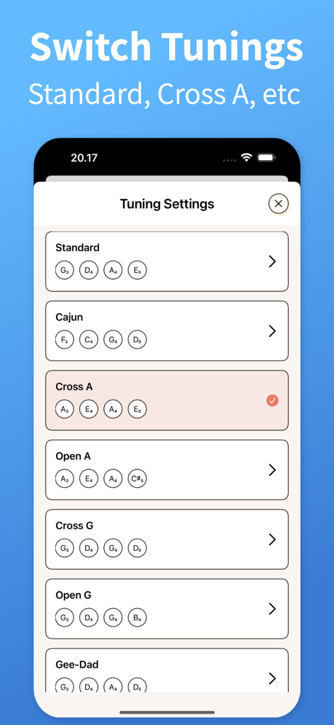Violin Tuner - TuneGuide - Violin Tuner app screen displaying various tuning modes like Standard and Cajun