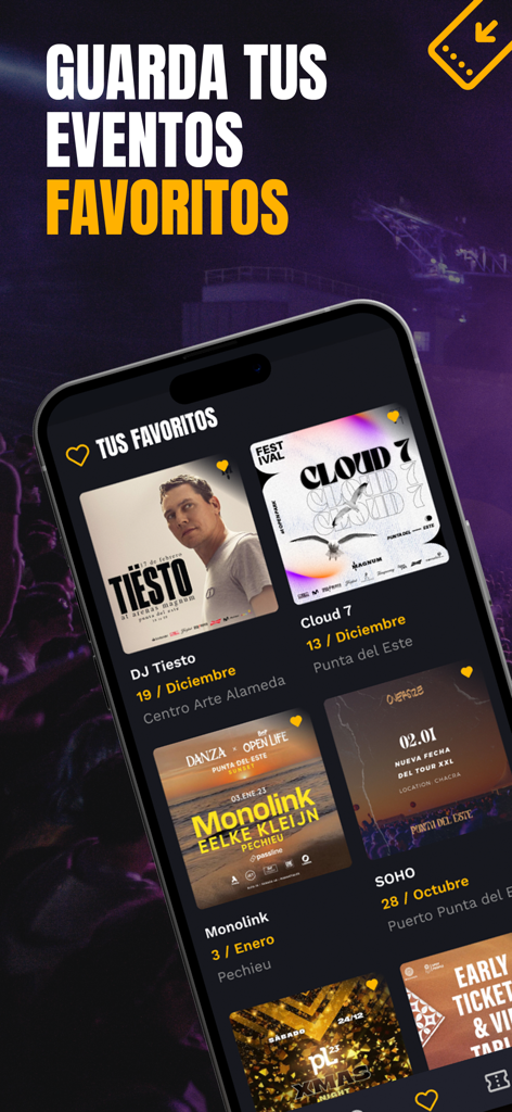 Passline App - The favorites screen of the Passline app showing a list of saved concert and nightlife events like DJ Tiesto and Cloud 7
