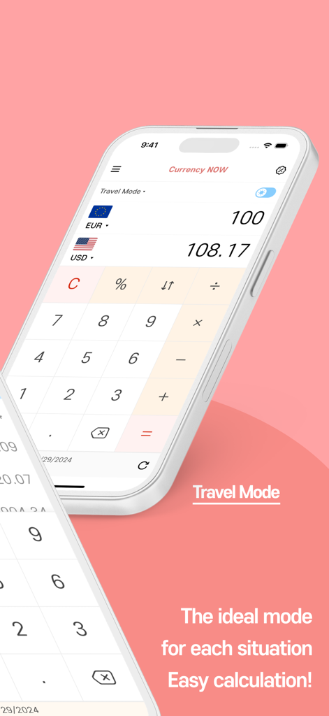 Currency Converter NOW+ - Interfaz de la aplicación Convertidor de Divisas NOW plus en Modo Viaje mostrando la conversión de Euros a Dólares