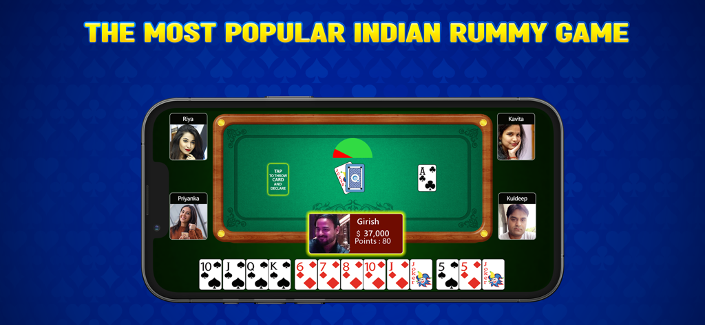 Octro Indian Rummy - Smartphone displaying Octro Indian Rummy gameplay with players and cards on a green table.