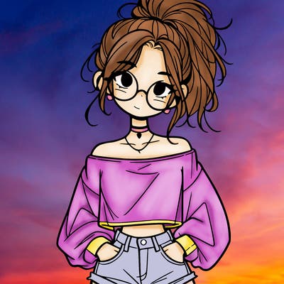 girl with a messy ponytail glasses a baggy crop top and jean shorts