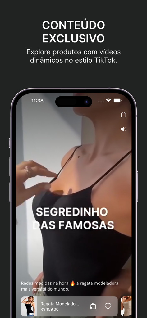 MODAB app interface featuring full screen video shopping for sculpting fashion pieces in a social media style