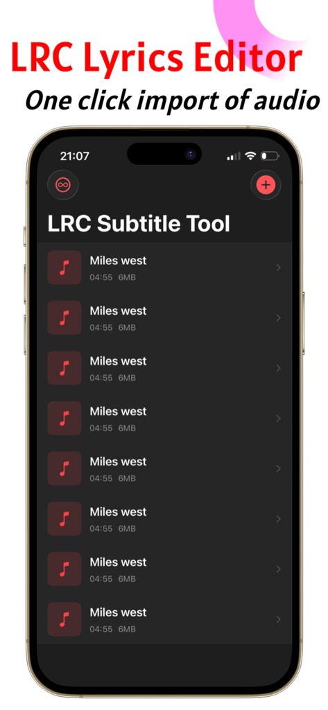 LRC Lyrics - Lyric Master Tool - Smartphone screen showing the LRC Subtitle Tool with a list of imported audio tracks