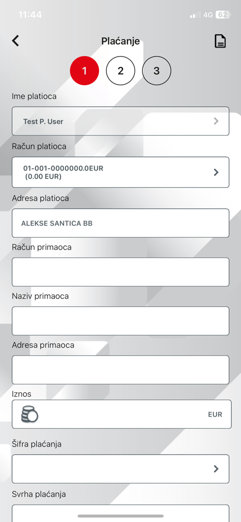 Ziraat Bank Montenegro Mobile app payment form screen for money transfers