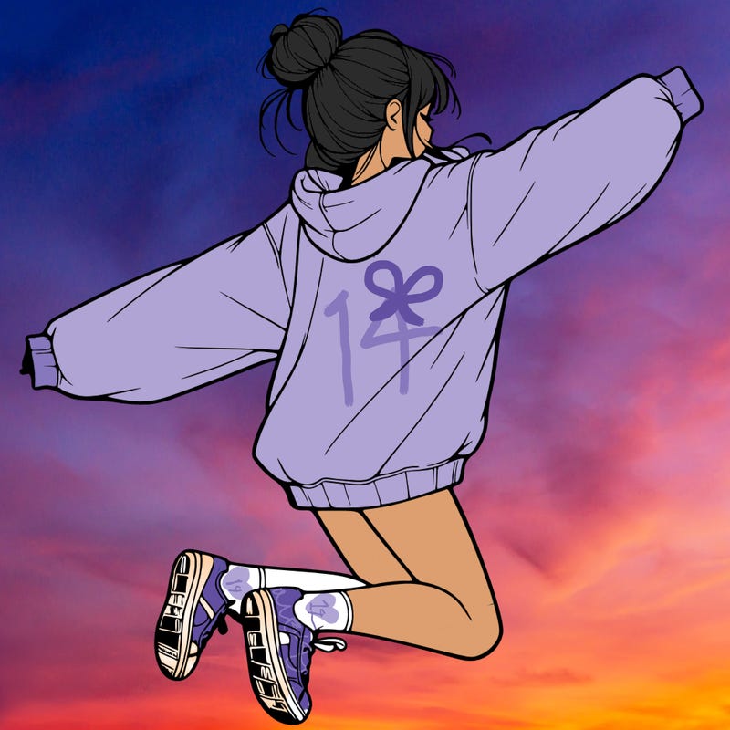 realistic girl jumping with a bun and oversized sweatshirt