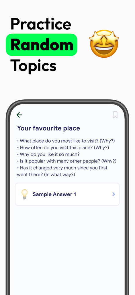 IELTS Speaking Topics - App screen showing random IELTS speaking practice questions for the topic Your favourite place with a sample answer button