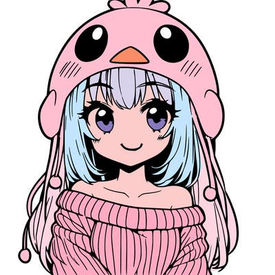 anime girl with chick shaped hat with sweater with bare shoulders with bangs covering them one eye with low tail