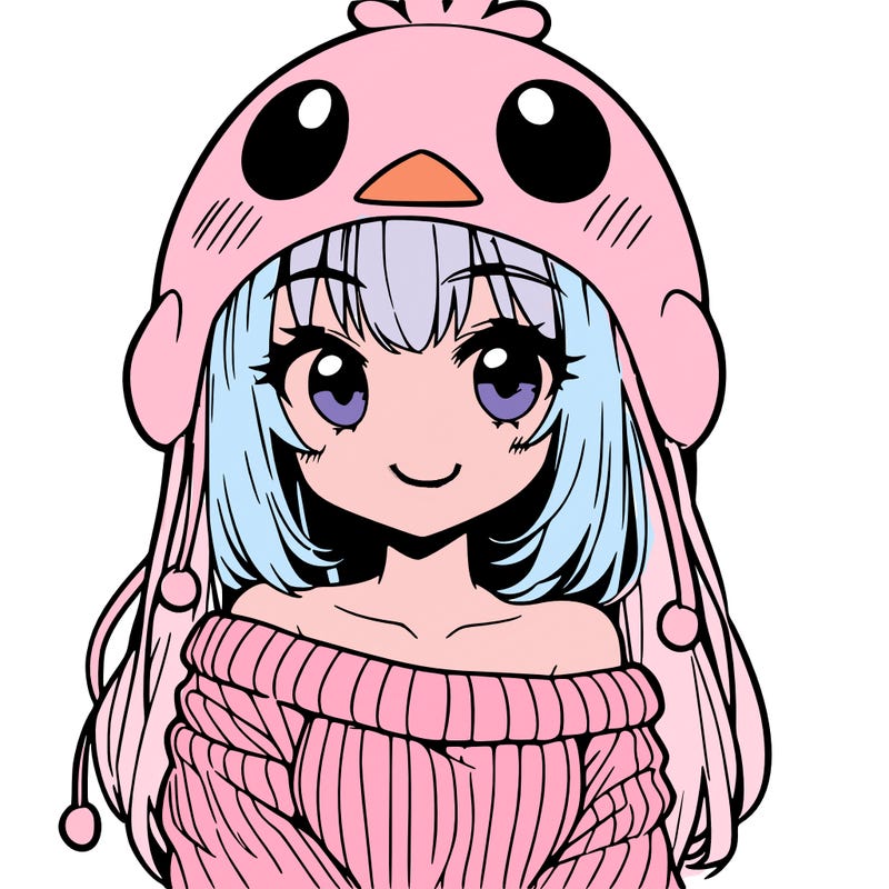anime girl with chick shaped hat with sweater with bare shoulders with bangs covering them one eye with low tail