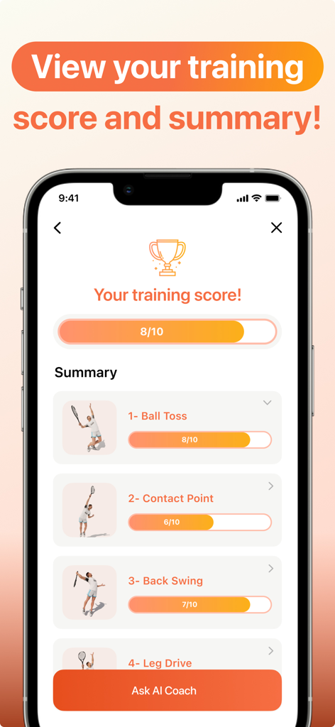 CoachIQ: AI Technic Analyzer - CoachIQ mobile app screen displaying a tennis training score summary with AI technique analysis.