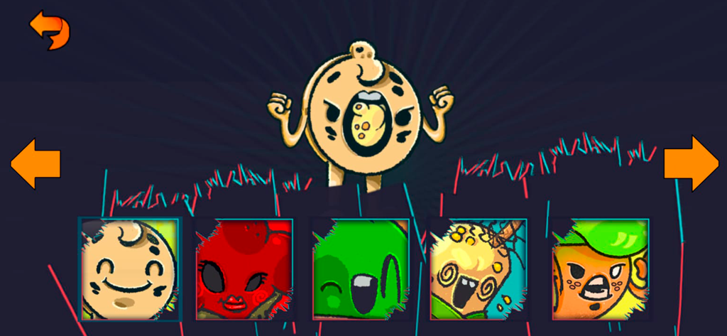 RompeMesas - Una pantalla de selección de personajes del juego RompeMesas que muestra varios luchadores de comida caricaturescos