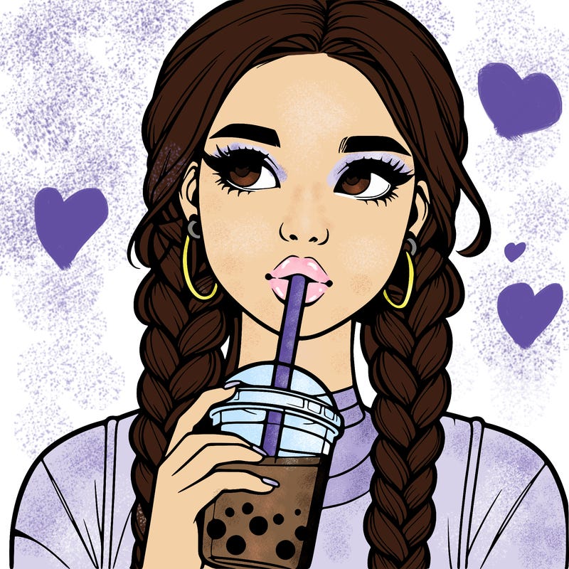 realistic girl with braided hair drinking boba