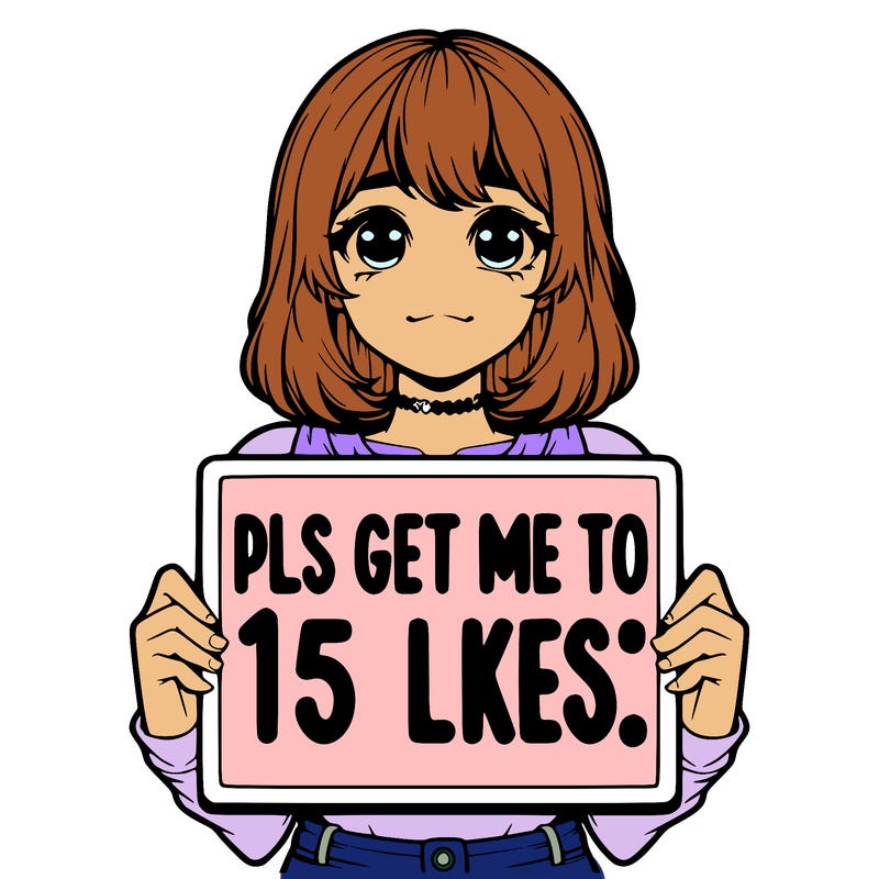 realistic girl holding up a sign that says “pls get me to 15 likes!”