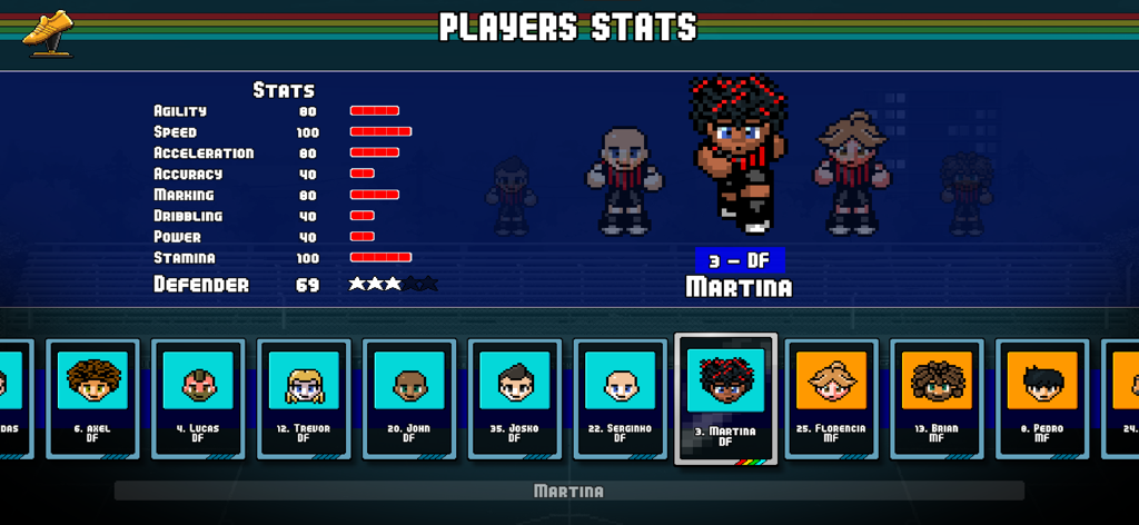 Retro pixel art interface showing individual soccer player statistics and a roster of team members