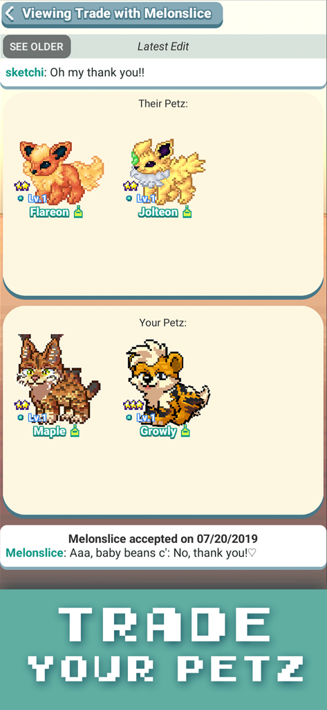 Interfaz para intercambiar mascotas de pixel art entre usuarios en la aplicación Pixel Petz.