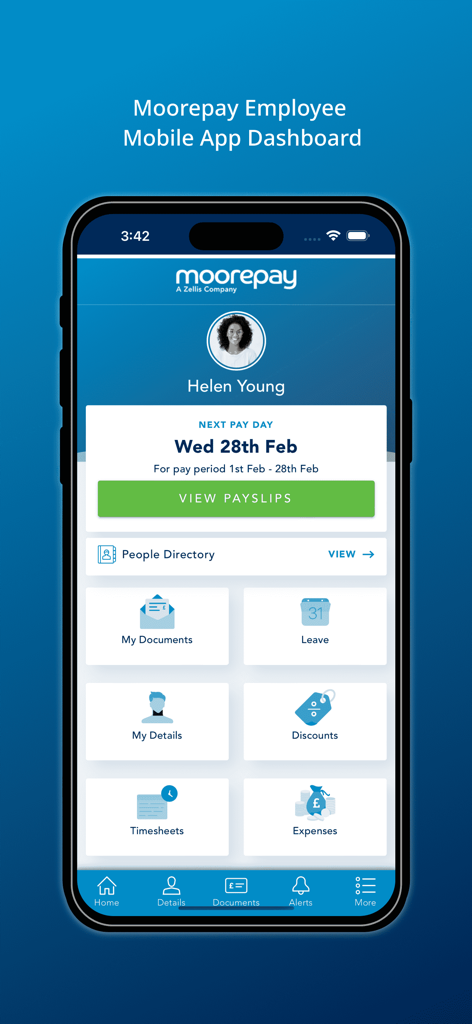 Painel do aplicativo móvel Moorepay para funcionários mostrando informações do próximo pagamento e blocos de autoatendimento de RH