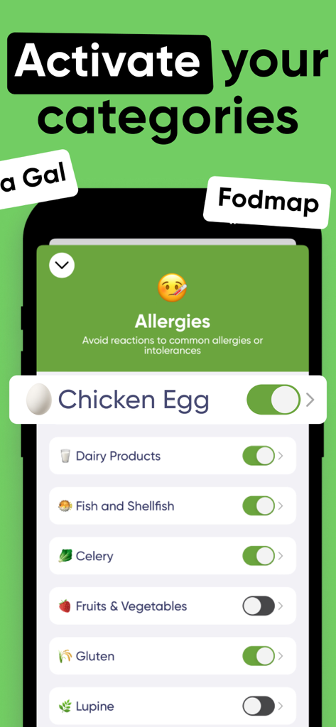 Allergy & Food Scanner, Nosher - Mobile app interface showing toggle switches for various food allergy and dietary categories