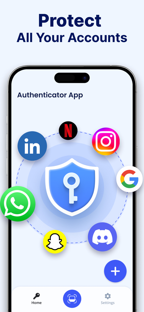 Authenticator App - 2FA - Interfaz de usuario de la App de Autenticación mostrando un ícono de escudo de seguridad rodeado de logotipos de servicios populares como Google, Instagram y WhatsApp