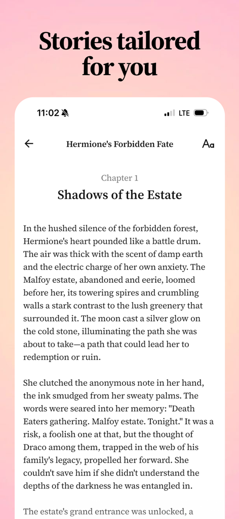 Tease: Spicy Romantic Fiction - Tease App-Benutzeroberfläche, die eine personalisierte Romanze-Geschichte mit dem Titel Hermines Verbotenes Schicksal in einer Leseansicht anzeigt.