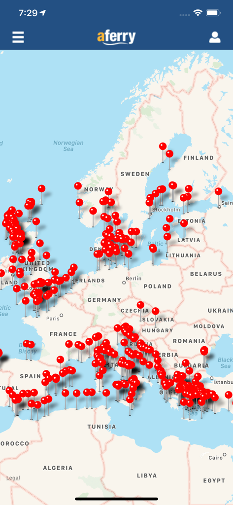 Map of Europe in the aFerry app showing numerous ferry port locations across various countries marked with red pins