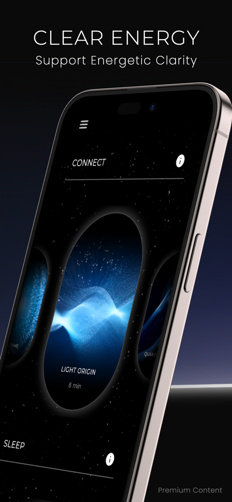 Una pantalla de smartphone que muestra la aplicación Portal Paralelo con un tema cósmico y una sesión de meditación de limpieza de aura llamada Origen de la Luz.