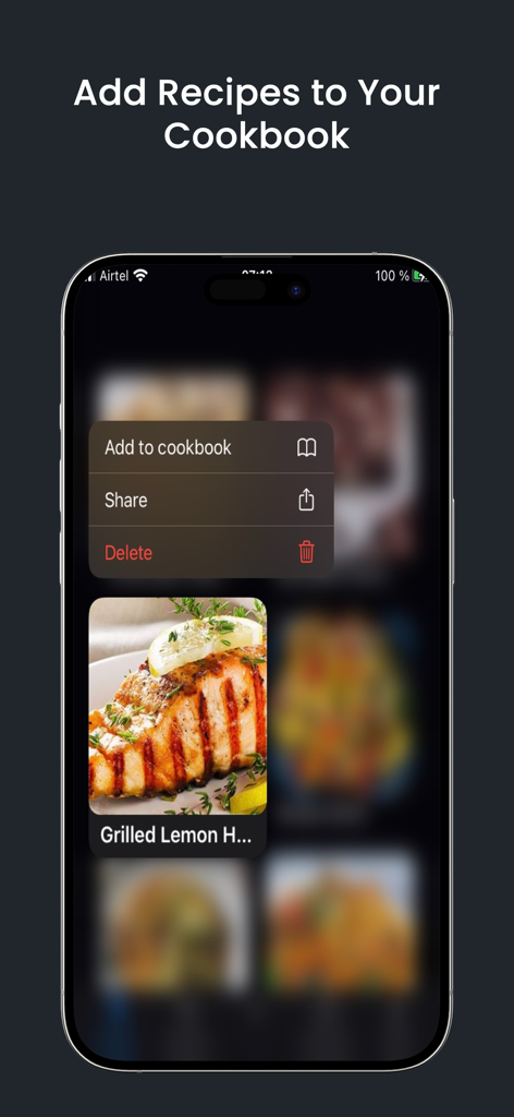 Recipe Book : Plan & Organize - Interfaz de aplicación móvil que muestra un menú contextual para agregar una receta de salmón a la parrilla a un libro de cocina digital personalizado.